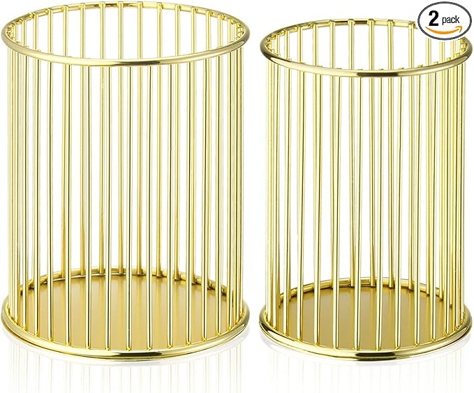 2 Pack Metal Pen Holder for Desk, Makeup Brushes Cup Holder, Pencil Holders, Pen cup, Home and Office Organizer, Gold
