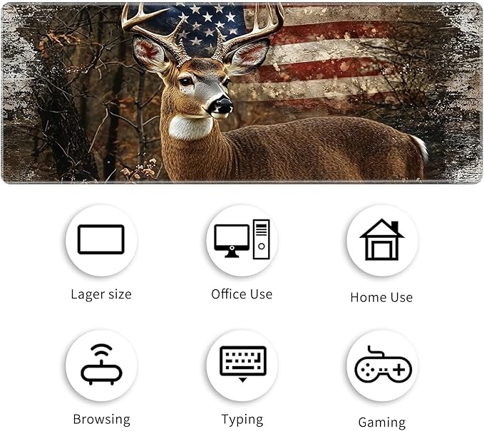 Desk Mat Large Gaming Mouse Pad (31.5x11.8 inch) with Stitched Edges, XL Mouse Pad +Coaster, Extended Mouse Mat Keybroad Mousepad Non-Slip Rubber for Gamer Men Women, Deer Retro American Flag