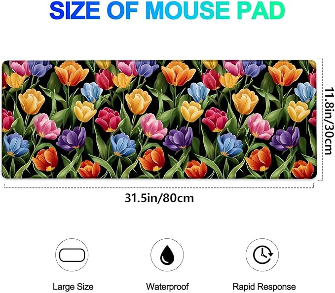 Colorful Tulip Gaming Mouse Pad, Extended Vibrant Floral Desk Mat Computer Laptop Mousepad, Robust Stitched Edges, 31.5"×11.8" Large Office Keyboard Mouse Pads for Home Desktop Decor