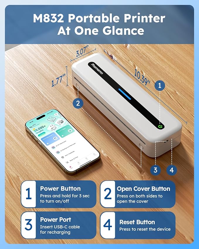 Phomemo Inkless Portable Printer, Portable Printers Wireless for Travel, M832 Bluetooth Thermal Mobile Printer for Phone Laptop, Support 8.5'' x 11'' & A4 Thermal Paper, for Office Home School