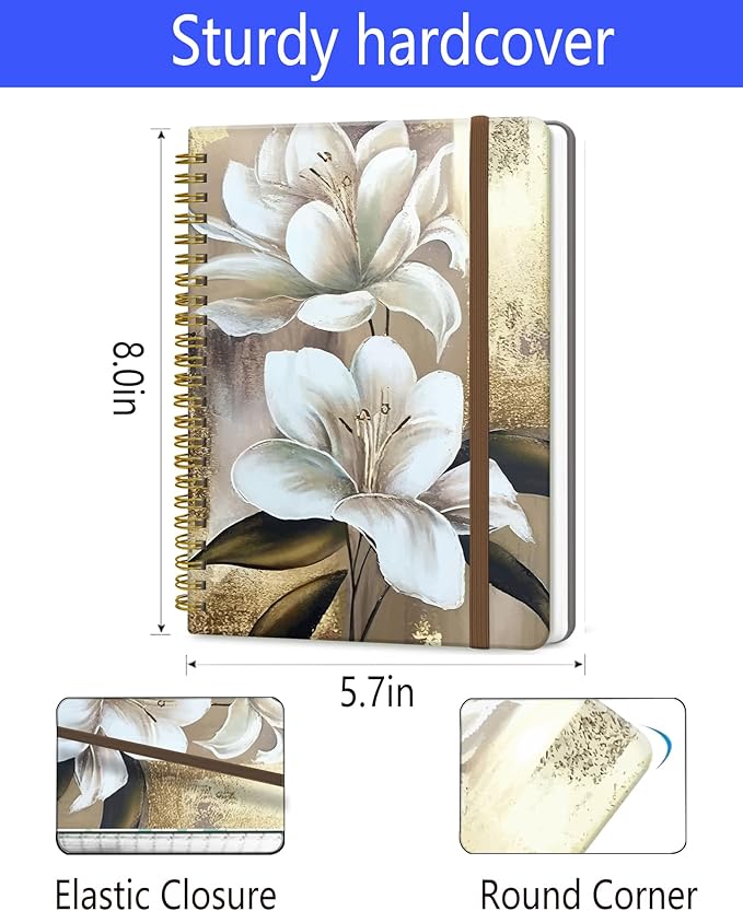 Spiral Journal Notebook, A5 Cute Notebooks for Women Men, College Ruled Hardcover Notebook for Work & Note Taking, 60 Pages Double-Wire Journals for Writing, Cute Glitter Flowers