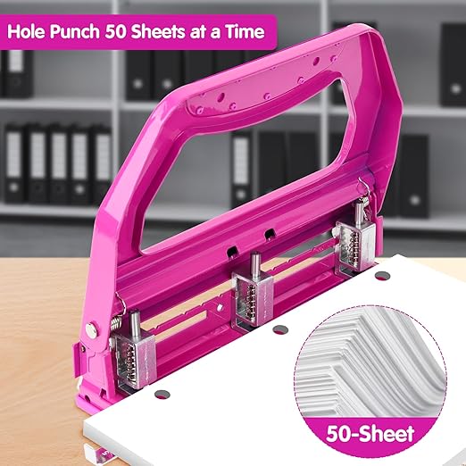 AFMAT Heavy Duty 3 Hole Punch, 50-Sheet, 50% Reduced Effort, Adjustable Two & Three Hole Punch, Metal Paper Puncher w/Large Chip Tray, Metal Paper Guide, Purple