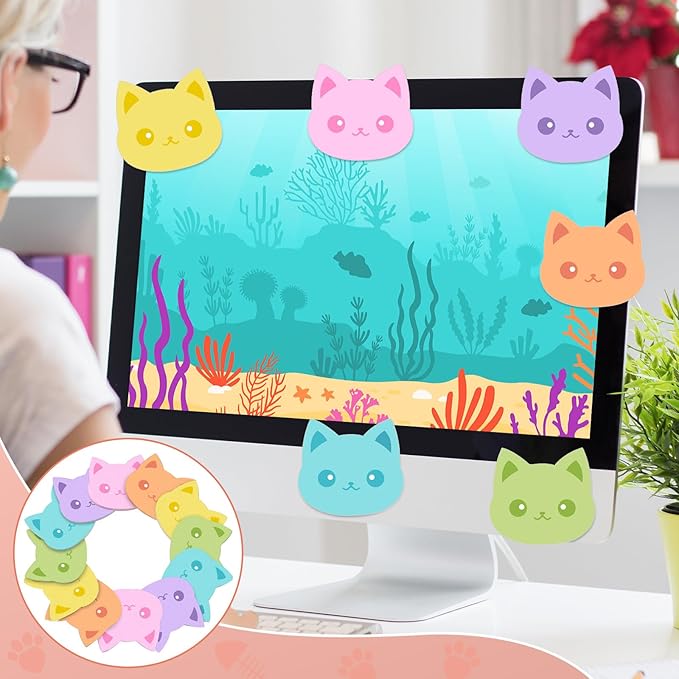 Yinder 24 Pads Cute Sticky Notes Kawaii Fun Animal Sticky Notes Pads Bulk Cartoon Memo Self Adhesive for Veterinary Gift Office School Tab Party Supplies(Novelty Cat)