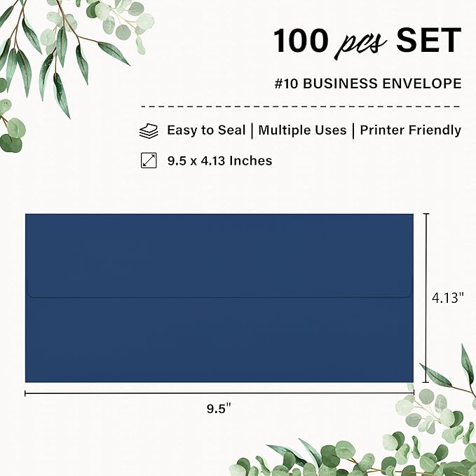 100 Pack #10 Business Envelopes, Self Seal Standard Navy Blue Envelopes for Secure Business & Legal Mailing, Office, Checks, Letter, Invoices, 4 1/8 x 9 1/2 Inches