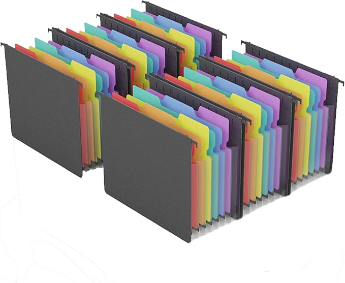 Plastic Expanding Hanging File Folders, 7 Pocket Extra Capacity Accordion Hang Folder, 1/5 Cut Adjustable Tabs, Multi-Color Lables, Letter Size for Filing Cabinet - 6 Pack