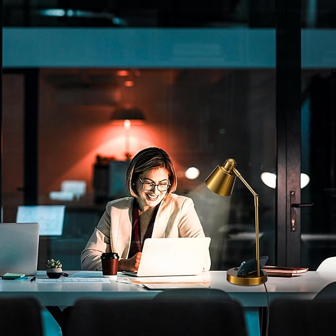 LED Desk Lamp with Dual USB Charging Ports, 100% Metal, 270° Swivel Arms, Soft White Light (3000K), Bedside Reading Lamp, Home Office Lamp(Golden)