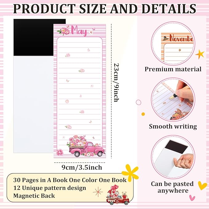 Eaasty 12 Pcs Seasonal Magnetic Notepads for Refrigerator Monthly Magnetic Grocery List 9 x 3.5 Magnet Memo Pads 30 Sheet Per Pad Shopping to Do List for January to December (Text Style)