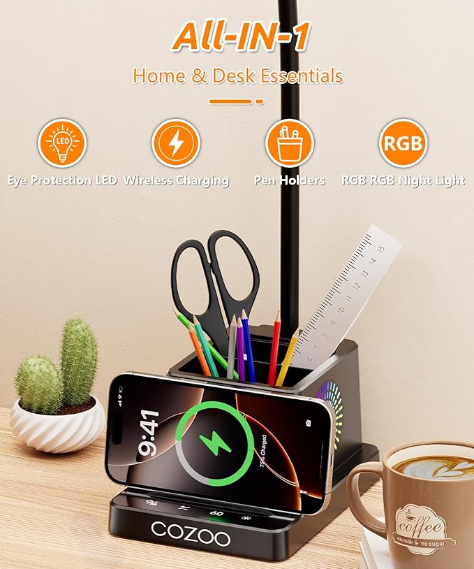 Desk Lamp with Wireless Charger, COZOO LED Desk Lamps for Home Office, Eye-Caring LED Light with Pen Holder for College Dorm Room, Gooseneck Table Lamp for Bedside Office Bedroom Study,Dorm Essentials