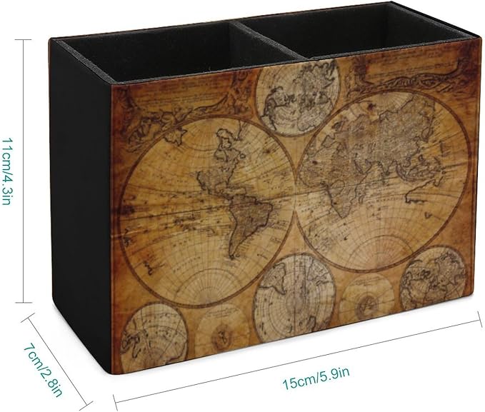 Pen Holder, Pencil Holder for Desk Organizer, Vintage Retro World Map PU Leather Pencil Cups Desktop Stationery Storage Makeup Brush Holder Pen Organizer for Office Home