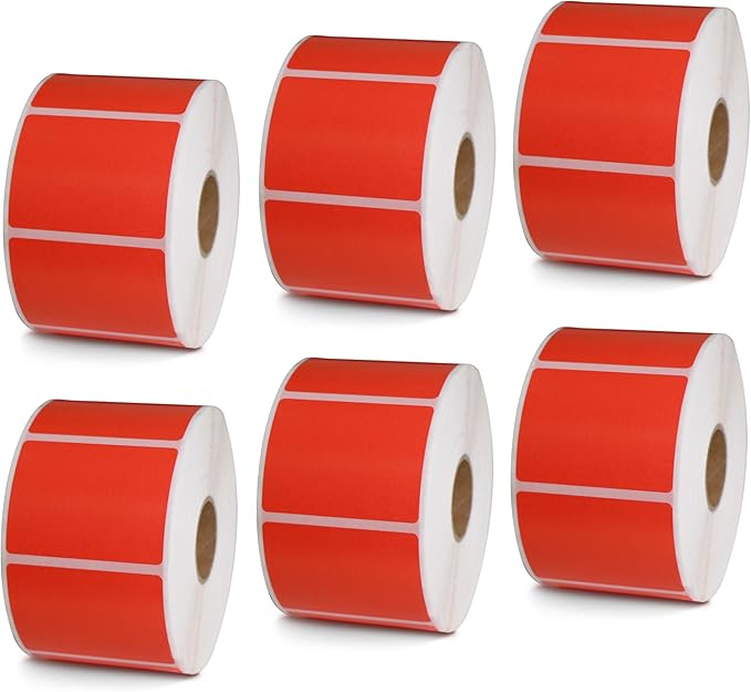 BETCKEY - 2" x 1.5" UPC Barcode & Address Labels Compatible with Zebra & Rollo Label Printer,Premium Adhesive & Perforated[Red, 6 Rolls, 6000 Labels]