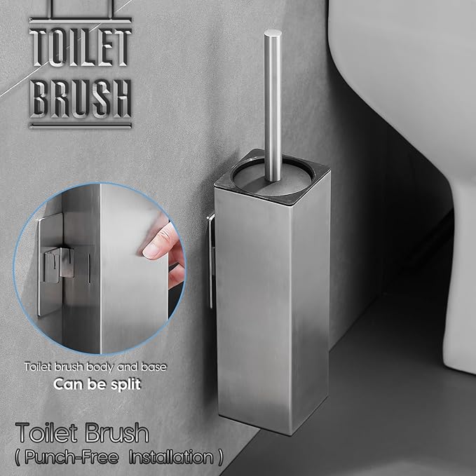 Brushed Gold Stainless Steel Toilet Brush, Square No-Punch Hook Base Toilet Brush Holder Removable Inner Bucket and Splash Proof Cover - Soft Bristles (Non-Drill Square Plastic caps Brushed)