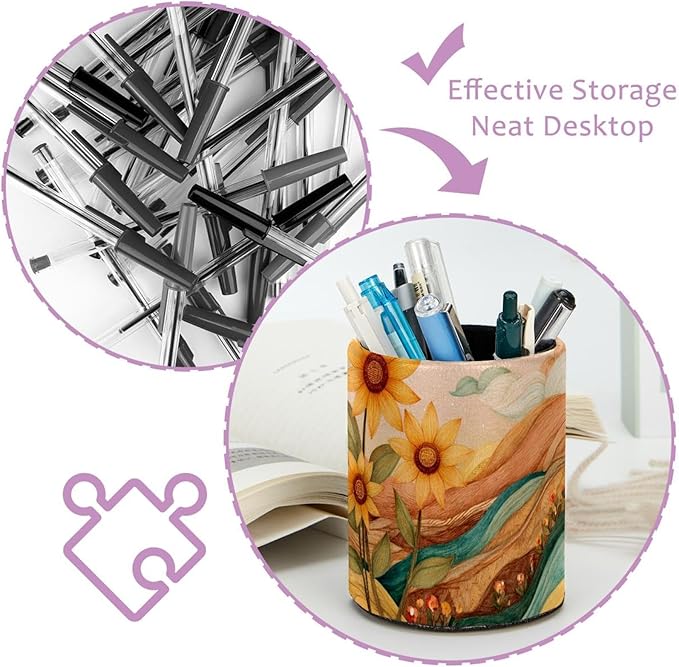 Watercolor Art Sunflower PVC Leather Circular Pencil Holder for Desk Organizer Stationery Holder for Office, School(3.9 x 3.1 Inches)