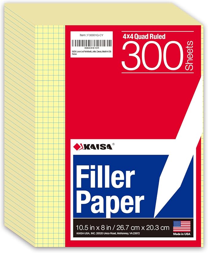 KAISA Loose Leaf Notebook Paper, 4x4 Quad Graph Ruled, 300 Sheets Per Lined Paper, 8" x 10.5", 3 Hole Punched for 3 Ring Binder, Canary, Made In USA