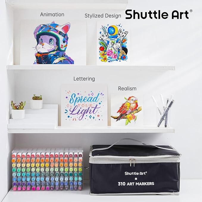 Shuttle Art 310 Colors Alcohol Markers, 309 Colors Dual Tip Art Marker Set Plus Colorless Blender, Micro-tip Pens, White Highlighter Pens, Marker Bag with Holders Perfect for Students Adults Coloring