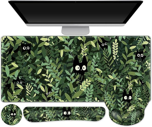 Large Desk Mat, Cute Anime Cats Gaming Mouse Pad, Desk Pad Protector, XXL Mousepad + Keyboard Wrist Rest+Mouse Wrist Rest+Coaster Set with Ergonomic Desk Pad for Home Office PC Computer, Green Leaves