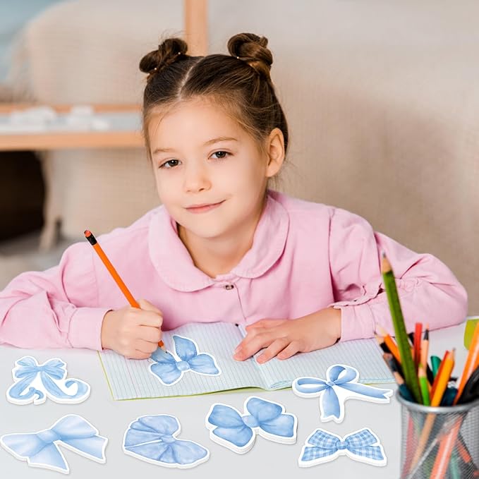 CJiangpo 30Pcs Coquette Sticky Notes Cute Blue Bow Sticky Note Pads, 600 Sheets Self Stick Cartoon Notepad Memo Pads Funny Page Marker Classroom Rewards Bow Themed Party Favors Filler Gifts for Kids