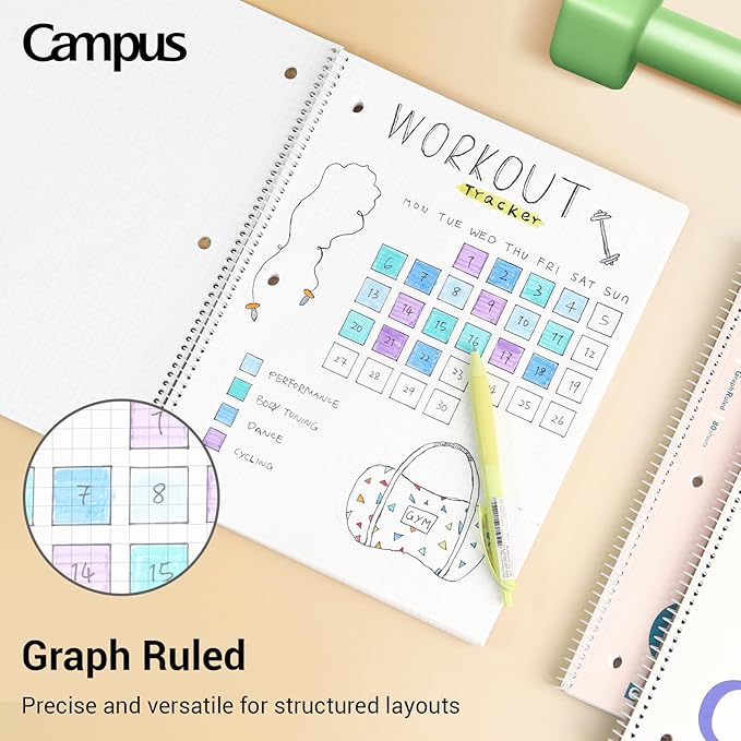 KOKUYO Spiral Notebook with 5x5 Graph Paper, 3 Pack Campus 10-1/2" x 8" Subject Notebooks, 80 Sheets, Light Pink Blue Off-White 3 Holes School Spiral Journal for Study Planner Drawing (WSG-SU-400G4×3)