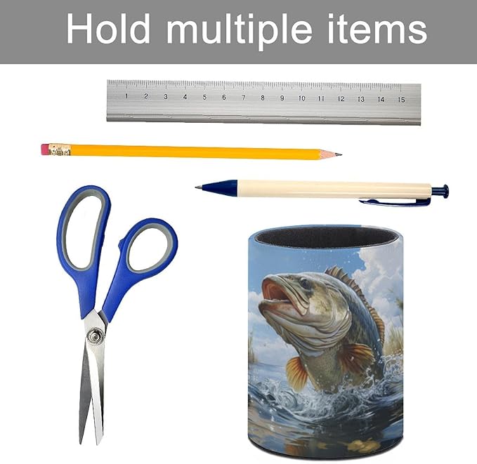Bass Fish Pen Holder Pencil Organizer Cute Pencil Cup Desk Decor Makeup Brush Holder PU Multifunctional Office Suppliesfor Home Classroom School