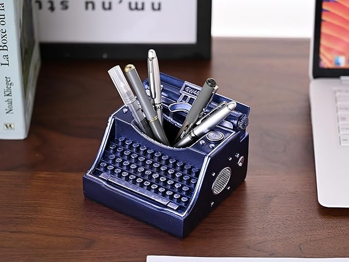 Retro Typewriter Pen Holder Vintage Desk Accssories Unique Cool Gifts for Writer Typewriter Lovers and Secretary Cute Funny Pencil Cups for Office Home School (Blue)
