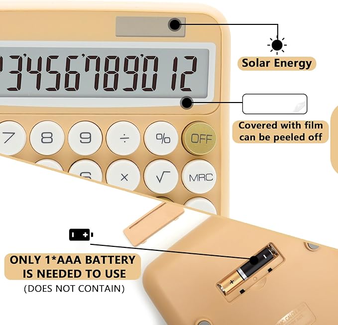 White Calculator, UPIHO Beige Standard Calculator 12 Digit with Large LCD Display and Big Buttons, White Gold Office Accessories for Women Desk, Supplies for Office, School, Home, Business