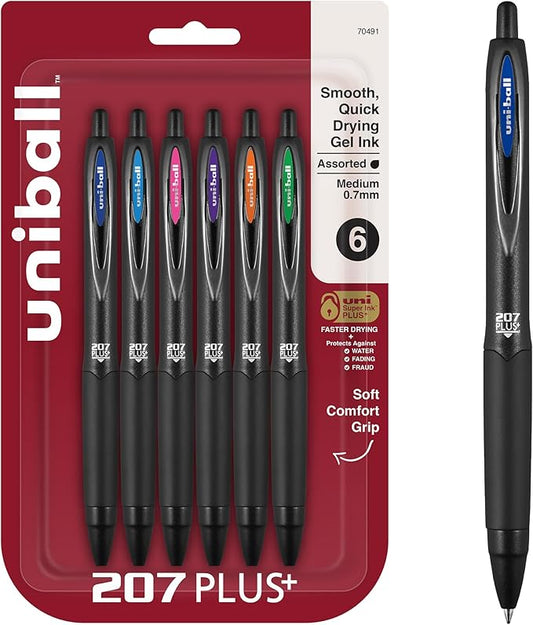 uni-ball 207 Plus+ Retractable Gel Pens 6 Pack in Assorted Colors with 0.7mm Medium Point Pen Tips - Uni-Super Ink+ is Smooth, Vibrant, and Protects Against Water, Fading, and Fraud