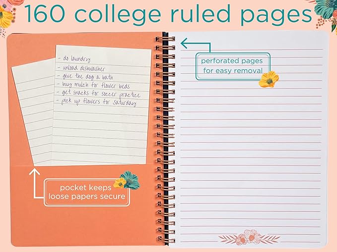 Steel Mill & Co Cute Floral Mini Spiral Notebook, 8.25" x 6.25" Journal with Durable Hardcover and 160 Lined Pages, Garden Blooms (Navy)