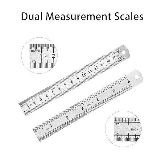 6 Inch Stainless Steel Ruler, Metal Ruler with Metric and Imperial Scales for Precision Measuring, 2-Pack