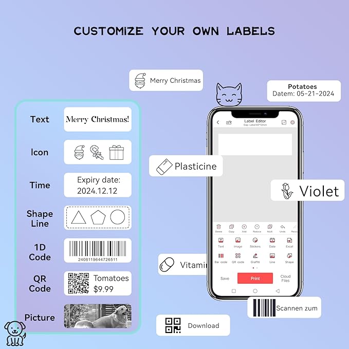 EEBBL D30 Label Maker Tape, Thermal Self-Adhesive 14x40mm (0.55"x1.57"), Compatible With D30 Portable Printer, 185 Labels/Roll (White)