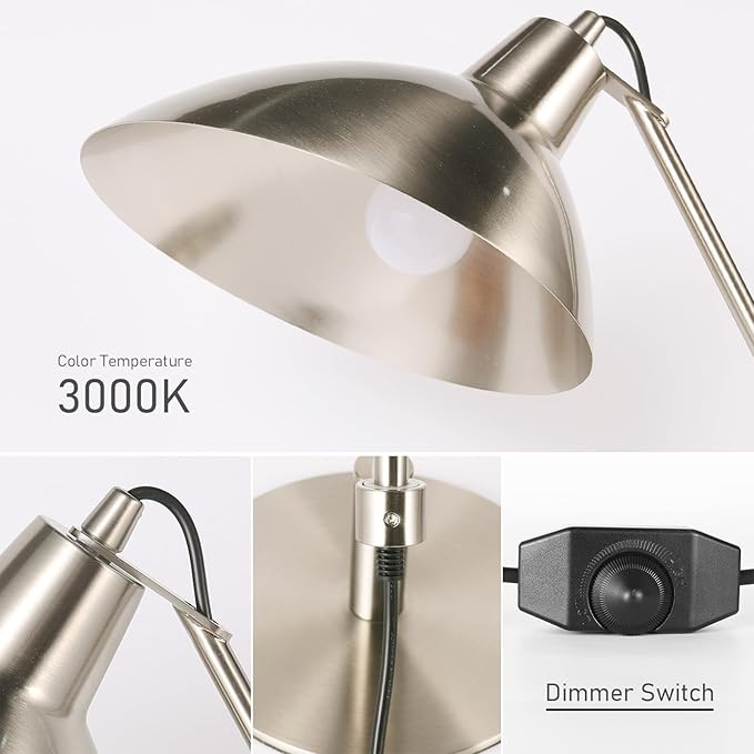 Desk Lamp Modern Industrial 100% Metal Table Lamp 22", Soft White Light (3000K) with Adjustable Switch, Ideal for Office Bedroom Study Room Living Room Nightstand Bedside Lamps Nickel