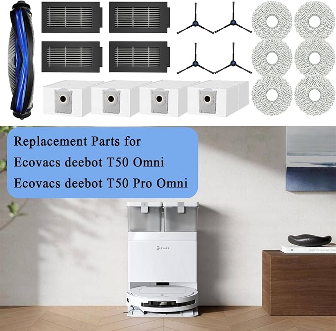 Cleptorize Replacement Parts for ECOVACS DEEBOT T50 Pro Omni/ T50 Omni/ T50 Pro, Accessories including 1 Main Brush, 6 Mop Pads, 4 Dust Bags, 4 HEPA Filters, 4 Side Brushes, 1 Cleaning Tool