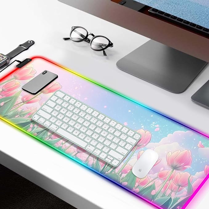 RGB Pink Flower Tulips Gaming Desk Mat, Computer Keyboard Large Extended Long Floral LED Mouse Pad for Office and Home, XL (W30)