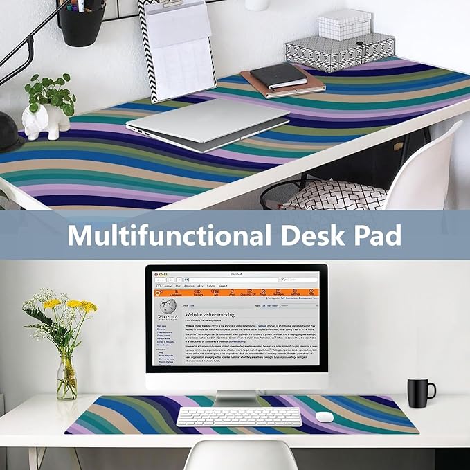 Mouse Pad Desk Mat Leather Desk Pad Large Gaming Desk Cover Protector Mat for Keyboard Computer Laptop Office Waterproof 35.4 x 16.5 Inch Swirls Waves