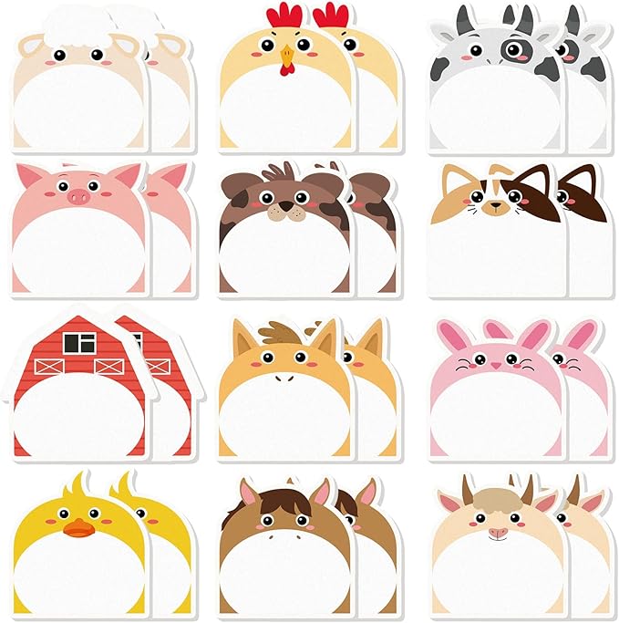 Yinder 24 Pads Cute Sticky Notes Kawaii Fun Animal Sticky Notes Pads Bulk Cartoon Memo Self Adhesive for Veterinary Gift Office School Tab Party Supplies(Farm Animals)