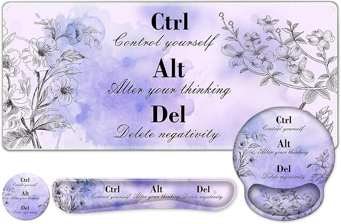 Mouse Pad, 4 in1 Large Desk Mat, Desk Pad Matt for Desktop, Anti-Slip XXL Big Computer Ergonomic Mousepad with Wrist Support for Keyboard and Mouse for Women I Purple Positive Quotes