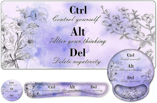 Mouse Pad, 4 in1 Large Desk Mat, Desk Pad Matt for Desktop, Anti-Slip XXL Big Computer Ergonomic Mousepad with Wrist Support for Keyboard and Mouse for Women I Purple Positive Quotes