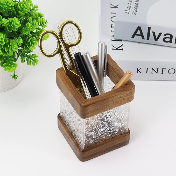 MultiBey Walnut Wooden Pencil Holder, Clear Acrylic and Wood Pen Holder, Black Walnut Desktop Pencil Cup Stand Wood Desk Accessory Organizer for School Office Home Supplies