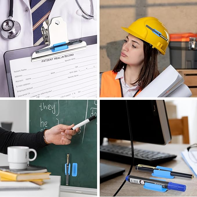 20 Pack Pen Holder Silicone,Adhesive Pen Holder for Desk,Marker Clip for Classroom Office Desk Accessories, Pencil Holder with 20 Double Sided Extra Sticky Tape (Blue)