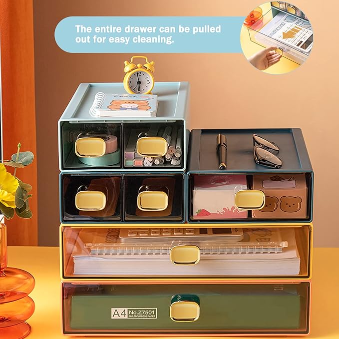 Large Desk Drawer Organizer 13"x9"x3.3" Stackable Desktop Storage Organizer for Copy Paper Clear Home Office Organizer Box Drawer Container for Stationery, Bathroom (Orange, L-1 Drawer)