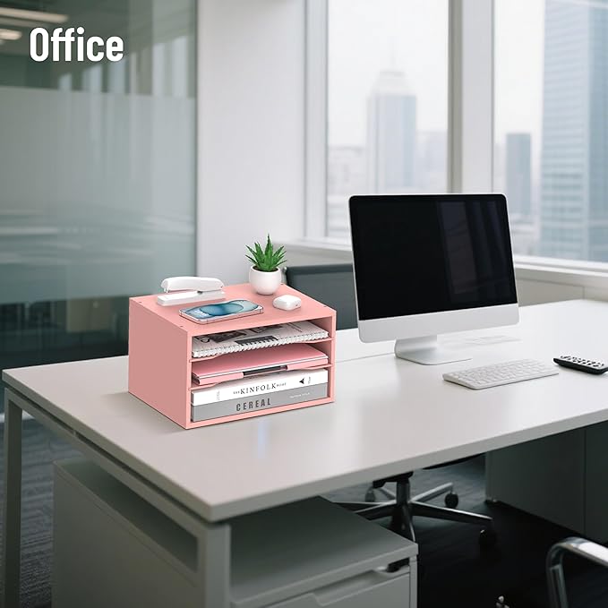 Wood Desk Organizer, 3 Tier Paper Tray Organizer for Desk with Adjustable Storage Shelves, Desktop Paper Sorter Mail Holder for Office Home Classroom, Pink