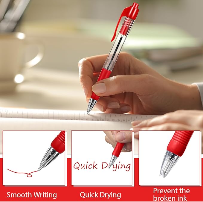 Fainne 200 Pack Retractable Ballpoint Pen 1.0 mm Medium Point Refillable Smooth Click Writing Pens With Grip for Work Journal Writing Office School Supplies (Red Ink)