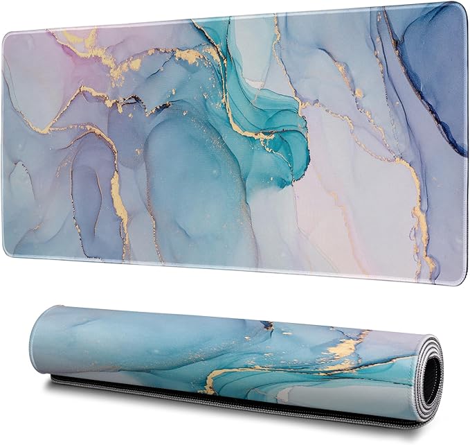 Teal Marble Mouse Pad Abstract Marble Mouse Pad 31.5x11.8 Inch Texture Non-Slip Rubber Base Large Mousepad Stitched Edges Keyboard Mouse Mat Desk Pad for Office and Home