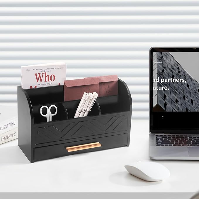 Mail Organizer Countertop Kitchen-Black Mail Holder Countertop Drawers Wood Desk Drawer Tabletop Storage Organization Pen Holder Letter Sorter Makeup Organizer for School Home Office Supplies
