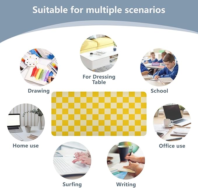 Mouse Pad Desk Mat Leather Desk Pad Large Gaming Desk Cover Protector Mat for Keyboard Computer Laptop Office Waterproof 47.2 x 23.6 Inch Checkered Yellow