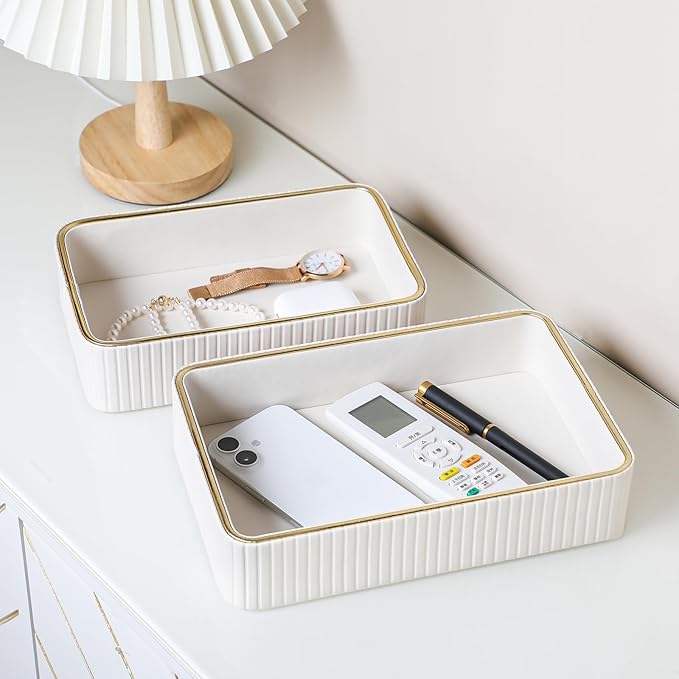 Desk Organizer Tray, PU Leather Valet Tray Nightstand Organizer Cologne Perfume Trays for Men Women, Decorative Vanity Trays Key Bowl Trinket Dish (Ivory, 10.3" x 6.7" x 2.2")