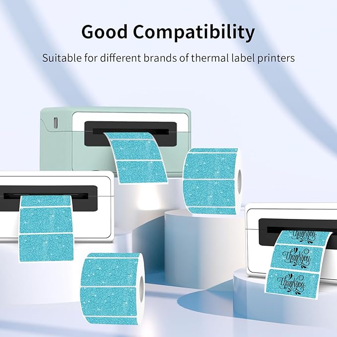 2"x1" Holographic Thermal Labels Stickers, Glitter Direct Thermal Printer Labels, Waterproof Self-Adhesive Address Shipping Label Stickers, 300 Sheet/ 1 Roll, Holographic Shiny Blue