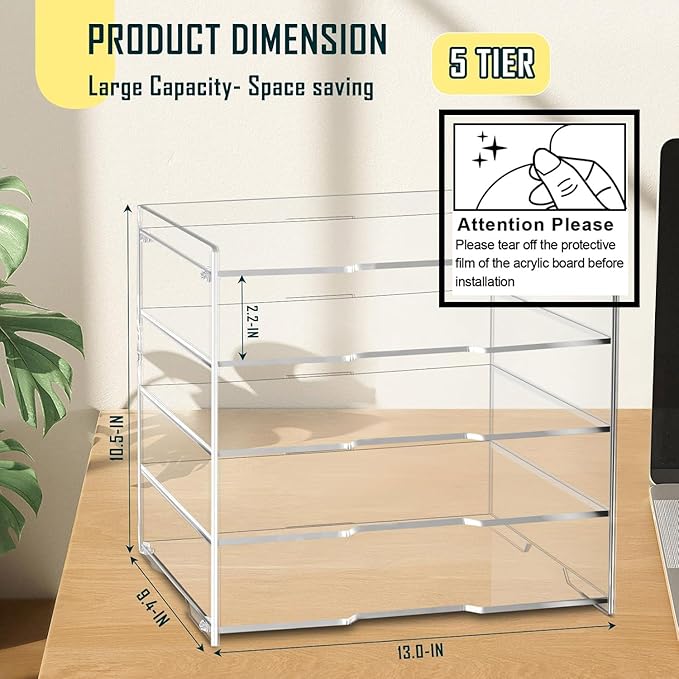 KKU 5 Tier Clear Acrylic Desk Organizer, Letter Tray Paper File Desk Organizer and Accessories For Office Supplies