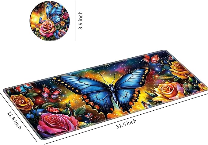 Desk Mat Large Gaming Mouse Pad (31.5x11.8 inch) with Stitched Edges, XL Mouse Pad +Coaster, Extended Mouse Mat Keybroad Mousepad Non-Slip Rubber for Gamer Men Women, Butterfly Color Roses
