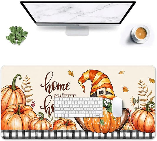 Britimes Fall Gnome Pumpkin Polka Dot Large Mouse Pad Non-Slip Desk Pad Keyboard and Mouse Desk Mat Autumn Leaves Black White Grid Gaming Mousepad for Game,Office & Home,31.5 x 15.7 in