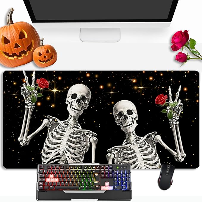 Love, Roses and Skulls Mouse Pad Desk Mat, Waterproof Black XXL Extended Large Gaming Mouse Pad Halloween Skull Rose Desk Pad Mousepad XXL Extended Keyboard Mat Mouse Mat, 31.5 x 15.7 in