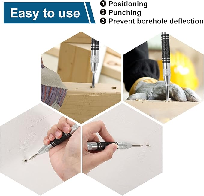 2Pcs Heavy Duty Automatic Center Punch, 5'' Premium Steel Spring Loaded Center Hole Punch, Adjustable Spring Impact Center Marker Scriber Tool for Metel, Plastics, Wood, Glass by karmiero